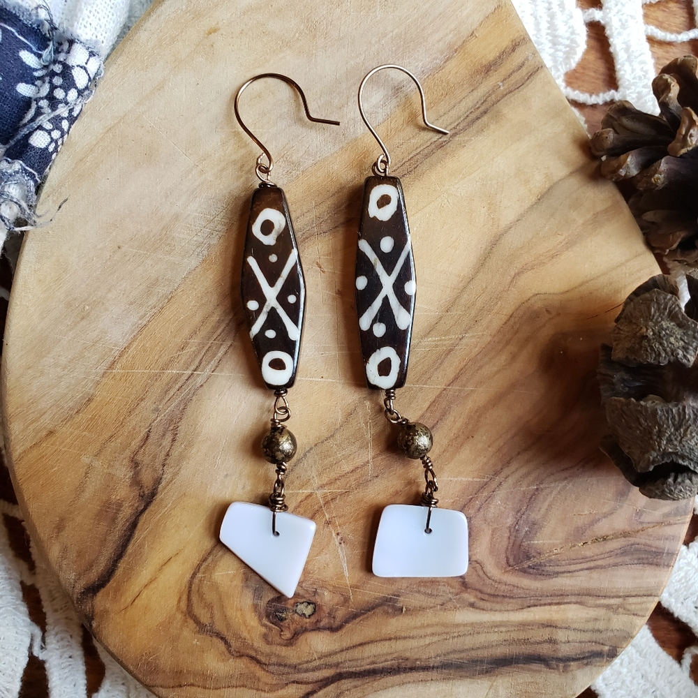 Rustic Boho Tribal Bone Beads Shell Wired Earrings